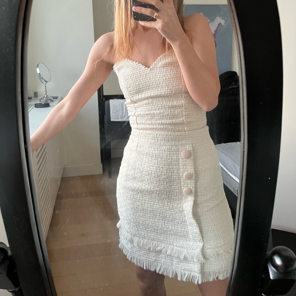 White Tweed 2 Piece Suit (corset and skirt) with off-white buttons